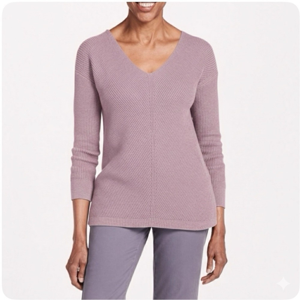 LL Bean Pink V Neck Shaker Stitch‎ Pullover Cotton Sweater size MEDIUM